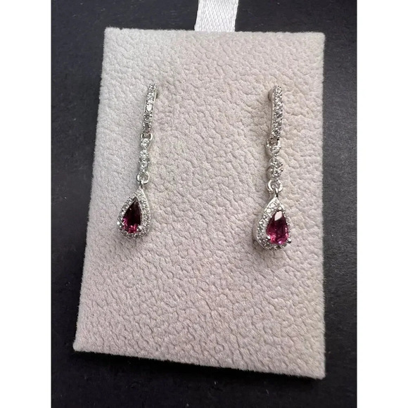 Rubellite and zircon earrings in platinum over sterling silver - Picture 4 of 10